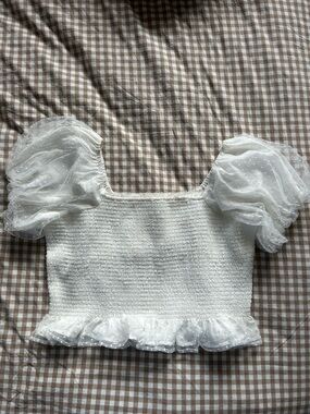 ARULA White Smocked Crop Top with Puff Dot-Sleeves and Ruffle Hem
